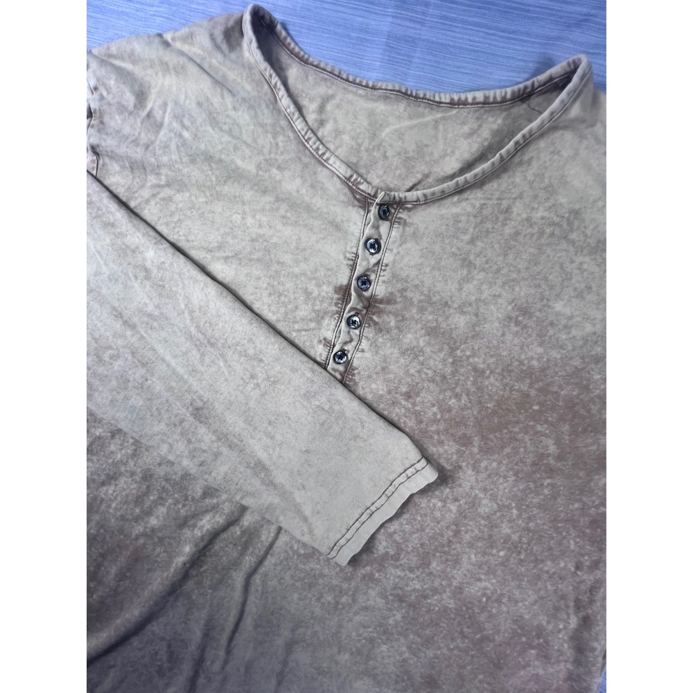 Mens Acid Wash Henley Long Sleeve Shirt Brown Tan Relaxed Fit Distressed 864